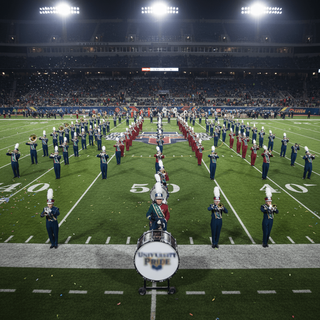 Marching band performing on field during halftime